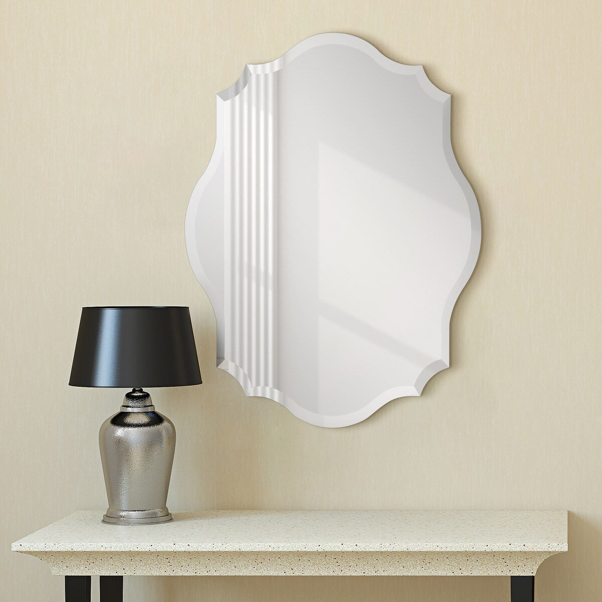Miroir mural festonné élégant, oblong et biseauté, sans cadre