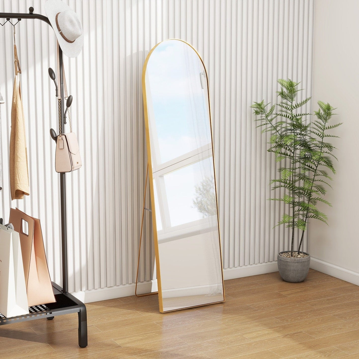 Miroir sur pied arqué pleine longueur avec verre incassable et support en alliage d'aluminium pour chambre ou dressing, à poser au sol