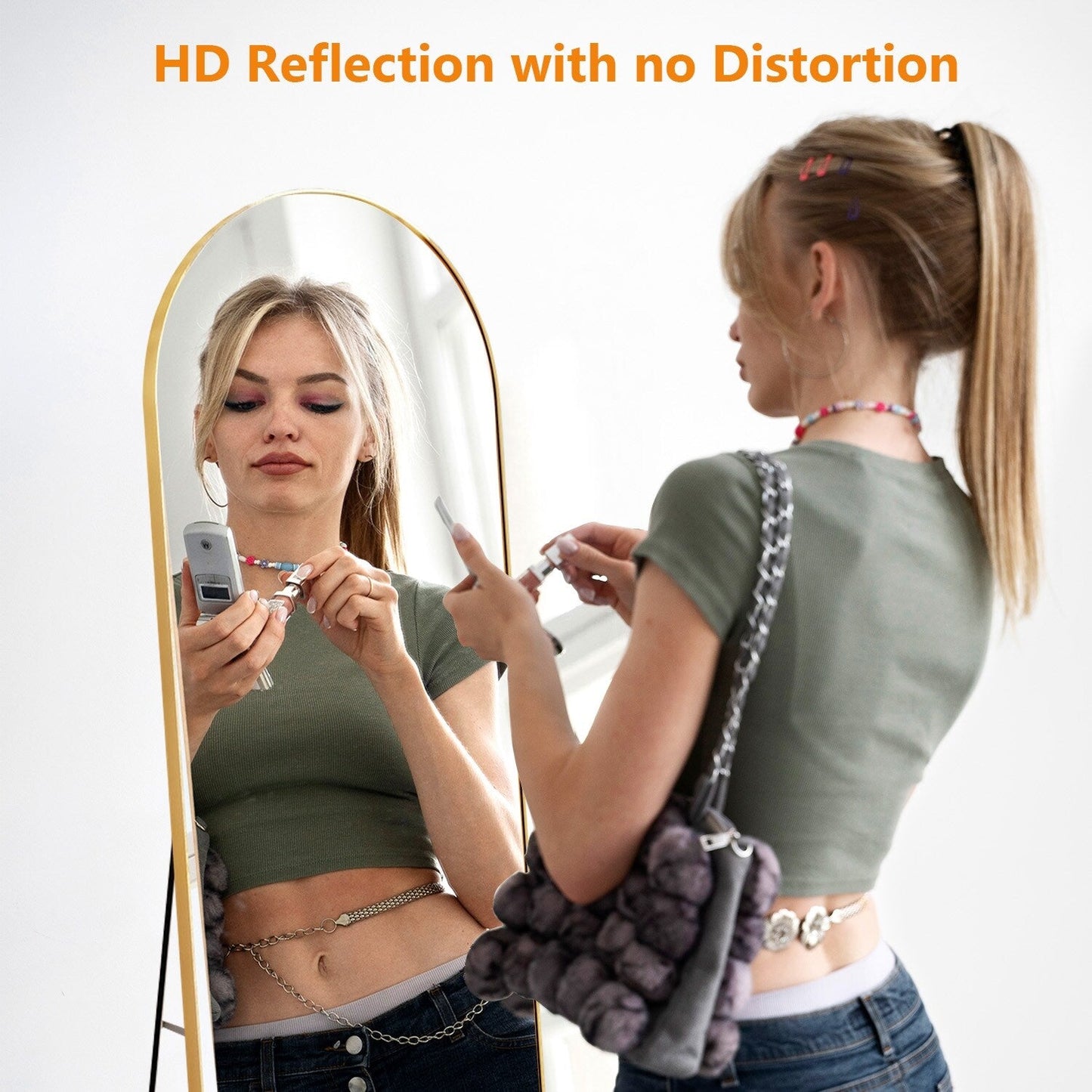 Miroir sur pied arqué pleine longueur avec verre incassable et support en alliage d'aluminium pour chambre ou dressing, à poser au sol