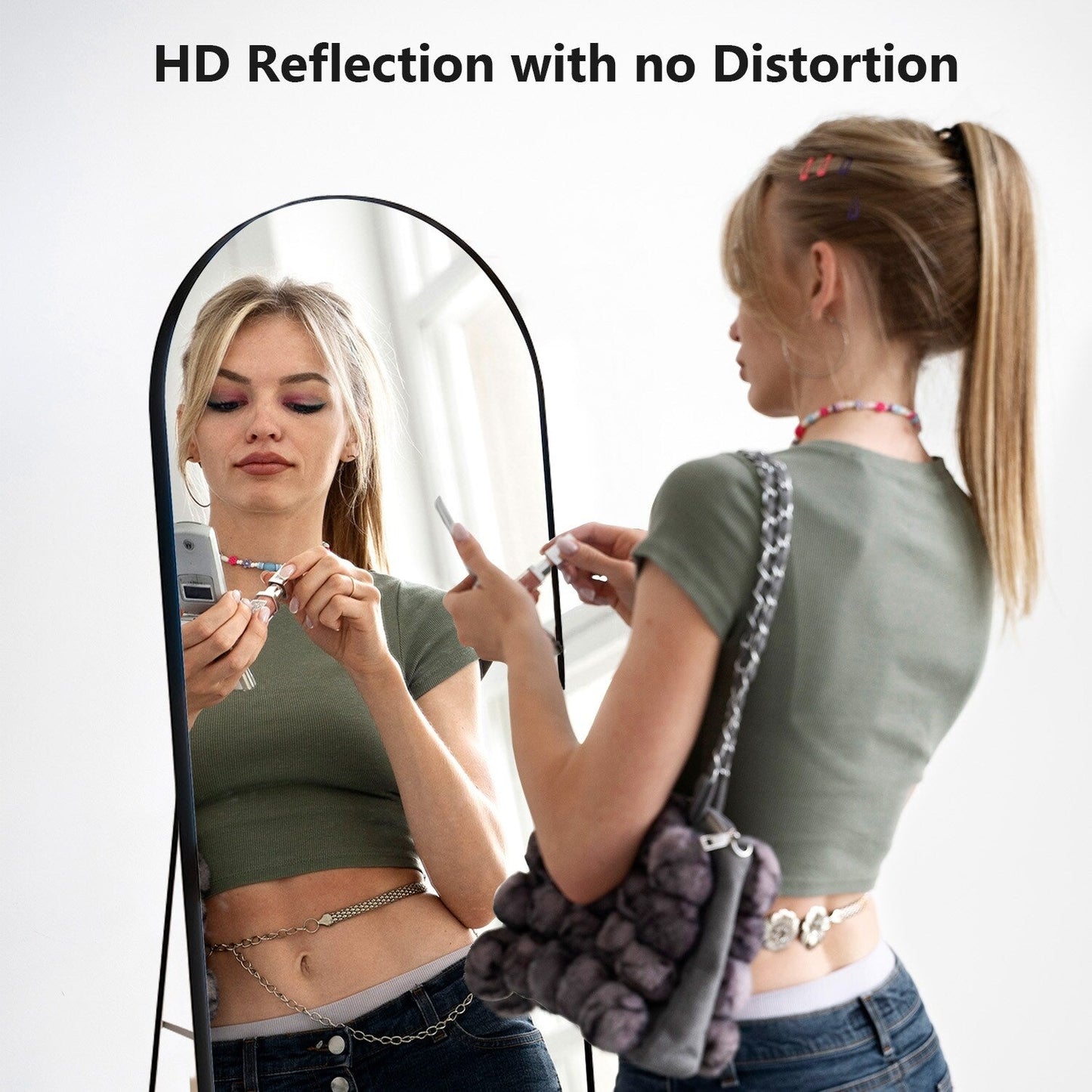 Miroir sur pied arqué pleine longueur avec verre incassable et support en alliage d'aluminium pour chambre ou dressing, à poser au sol