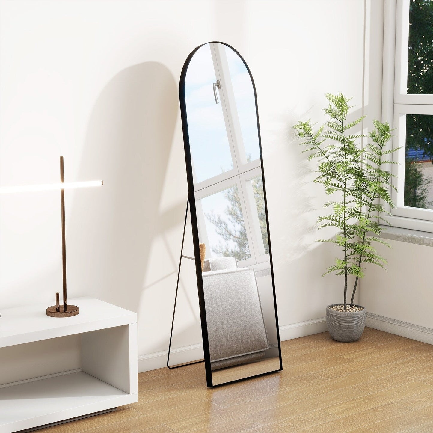 Miroir sur pied arqué pleine longueur avec verre incassable et support en alliage d'aluminium pour chambre ou dressing, à poser au sol