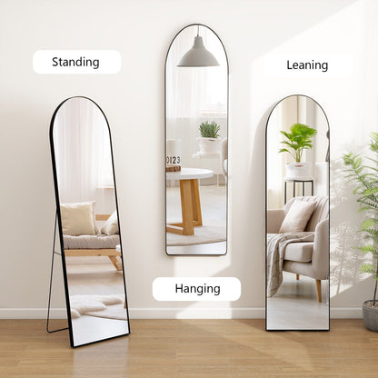 Miroir sur pied arqué pleine longueur avec verre incassable et support en alliage d'aluminium pour chambre ou dressing, à poser au sol
