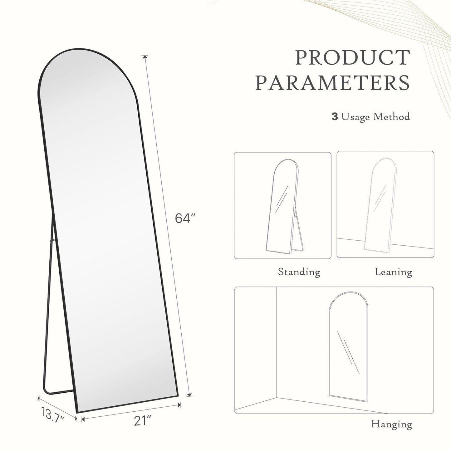 Miroir sur pied avec cadre en alliage d'aluminium, idéal pour la chambre ou le dressing.