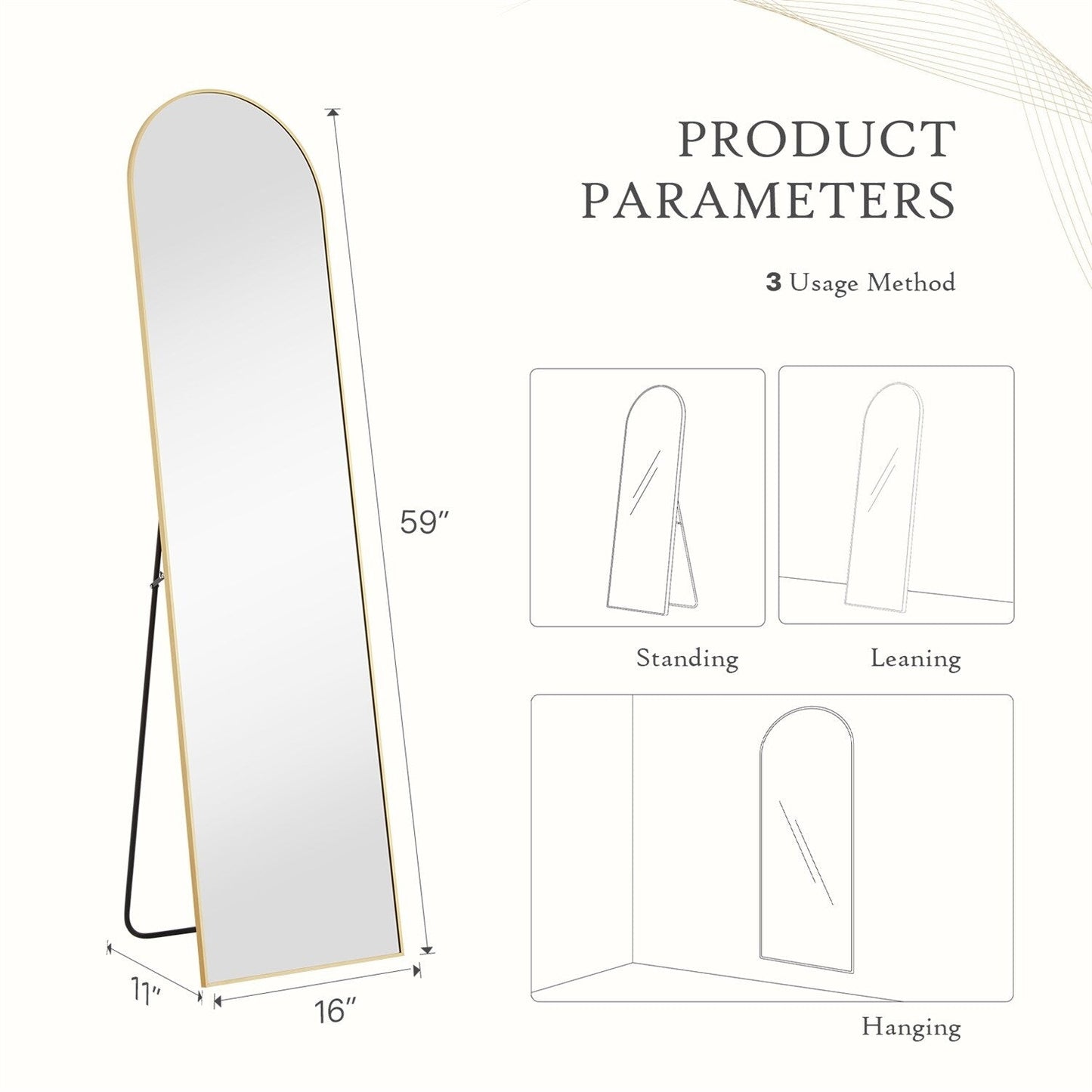 Miroir sur pied avec cadre en alliage d'aluminium, idéal pour la chambre ou le dressing.