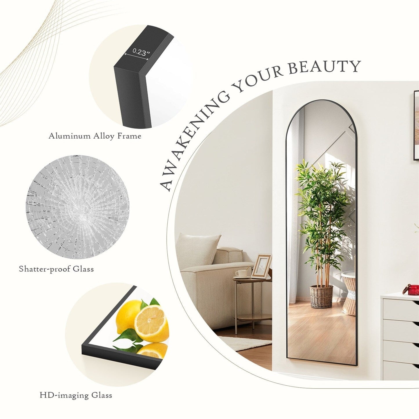 Miroir sur pied avec cadre en alliage d'aluminium, idéal pour la chambre ou le dressing.