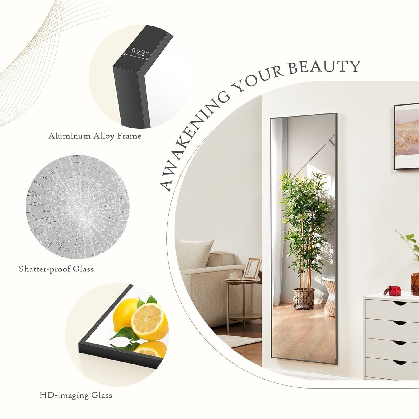 Miroir sur pied avec cadre en alliage d'aluminium, idéal pour la chambre ou le dressing.