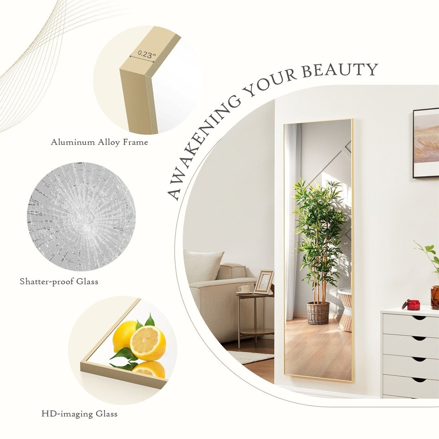 Miroir sur pied avec cadre en alliage d'aluminium, idéal pour la chambre ou le dressing.