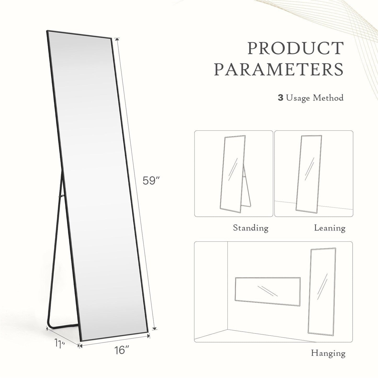 Miroir sur pied avec cadre en alliage d'aluminium, idéal pour la chambre ou le dressing.