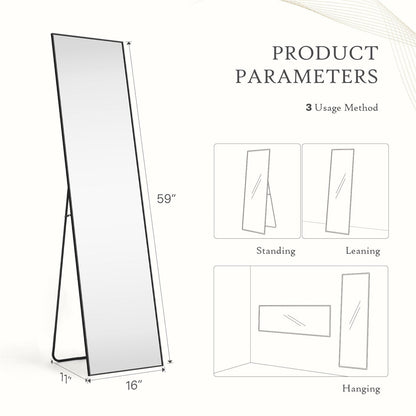 Miroir sur pied avec cadre en alliage d'aluminium, idéal pour la chambre ou le dressing.