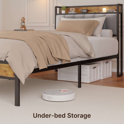 Cadre de lit plateforme en métal pour lits jumeaux, doubles, queen et king size, avec tête de lit rembourrée et rangement.