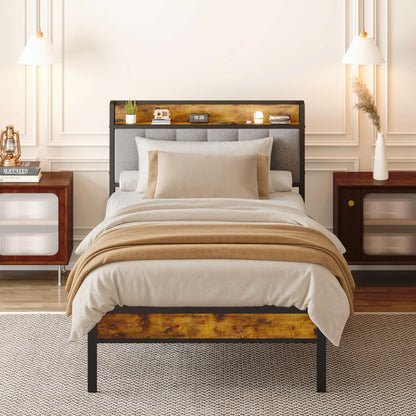 Cadre de lit plateforme en métal pour lits jumeaux, doubles, queen et king size, avec tête de lit rembourrée et rangement.