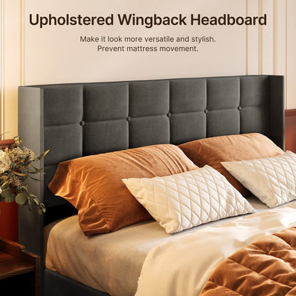 Cadre de lit coffre relevable, cadre de lit plateforme rembourré avec système de rangement hydraulique et tête de lit