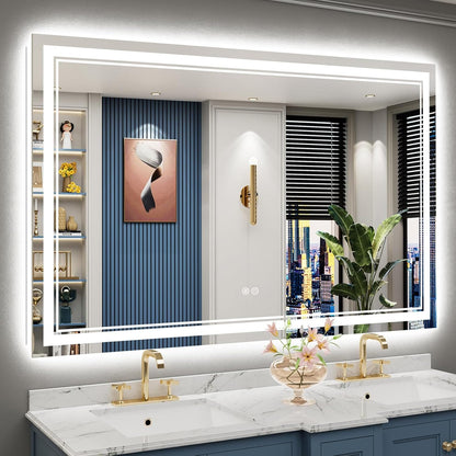 Miroir de salle de bain mural en verre trempé antibuée avec éclairage LED avant et arrière, pleine grandeur