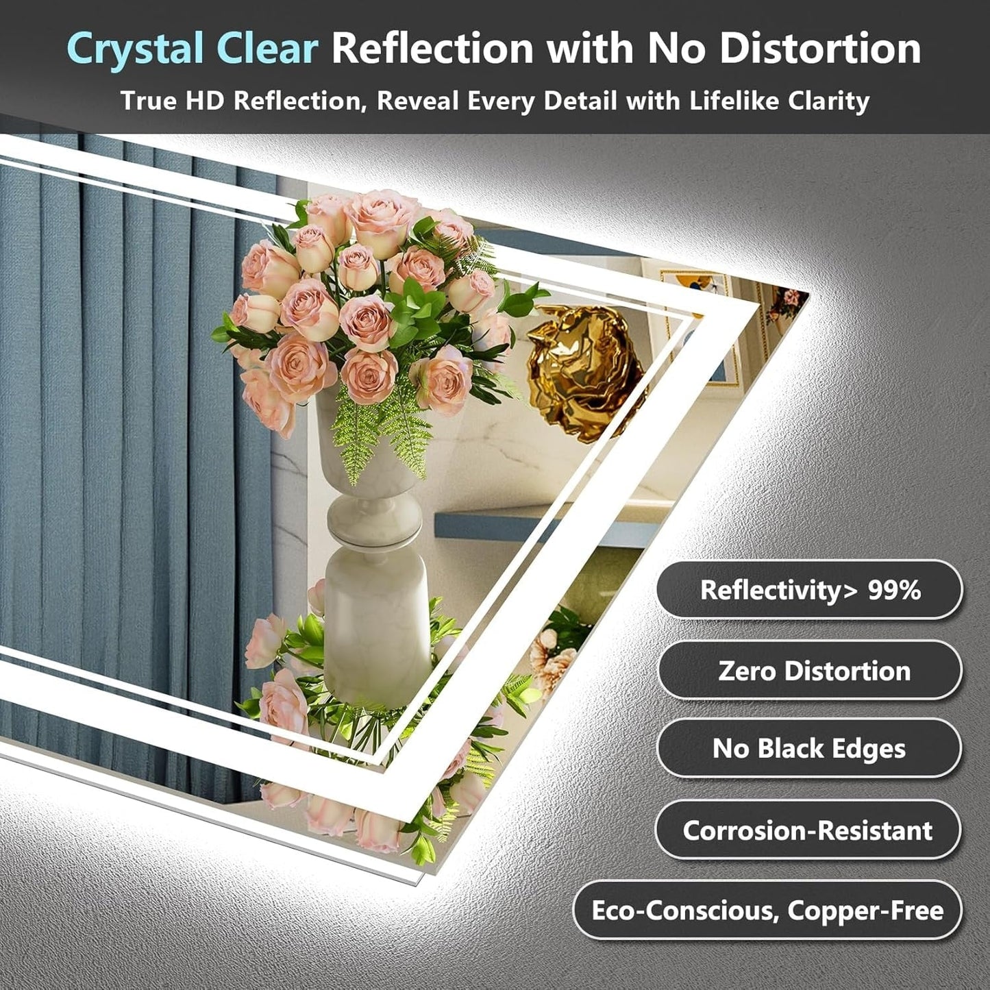 Miroir de salle de bain mural en verre trempé antibuée avec éclairage LED avant et arrière, pleine grandeur