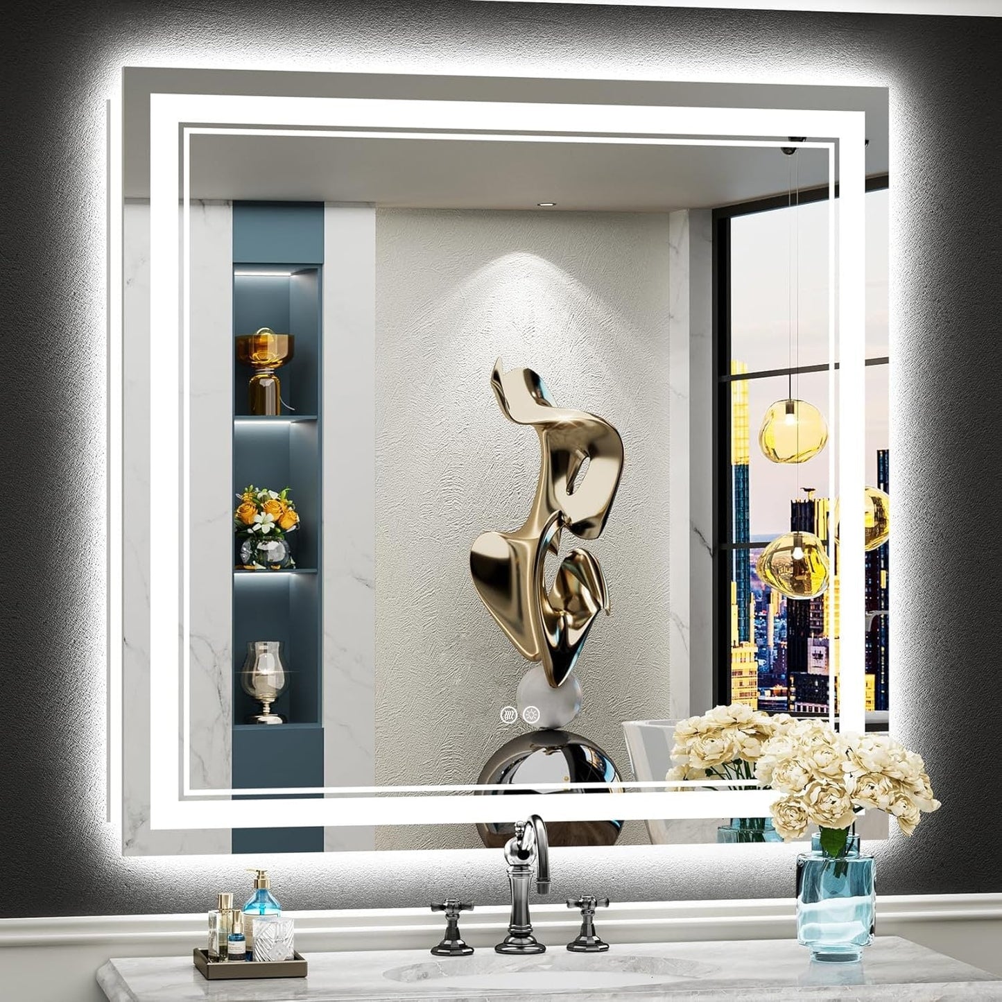 Miroir de salle de bain mural en verre trempé antibuée avec éclairage LED avant et arrière, pleine grandeur