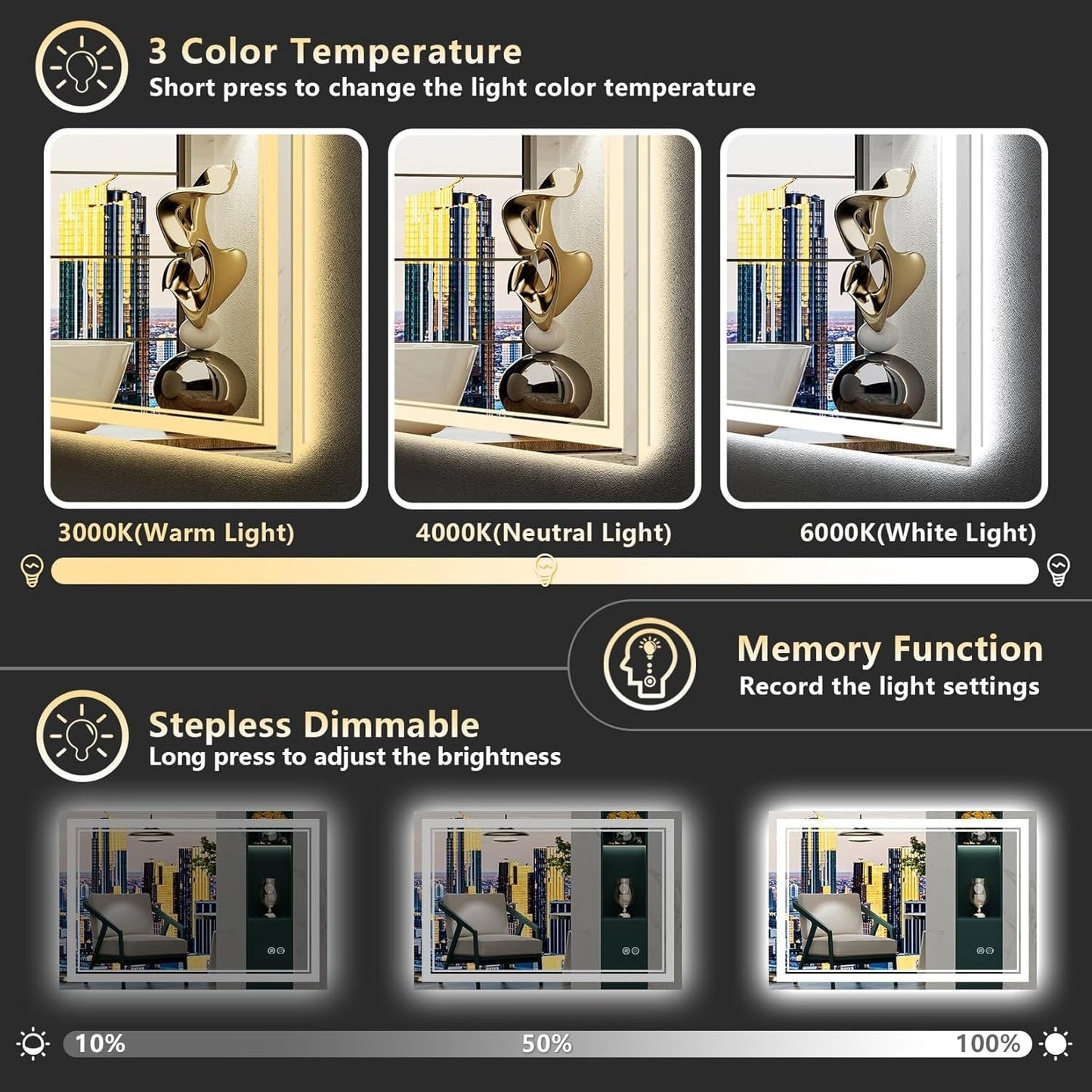 Miroir de salle de bain mural en verre trempé antibuée avec éclairage LED avant et arrière, pleine grandeur