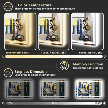 Miroir de salle de bain mural en verre trempé antibuée avec éclairage LED avant et arrière, pleine grandeur