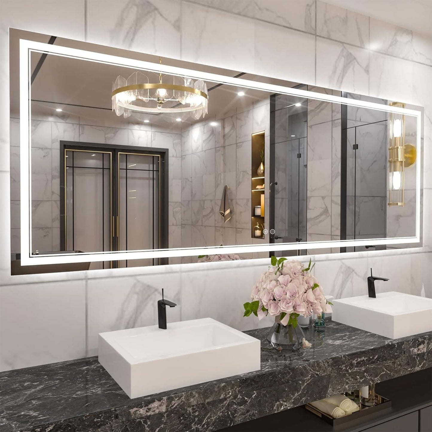 Miroir de salle de bain mural en verre trempé antibuée avec éclairage LED avant et arrière, pleine grandeur