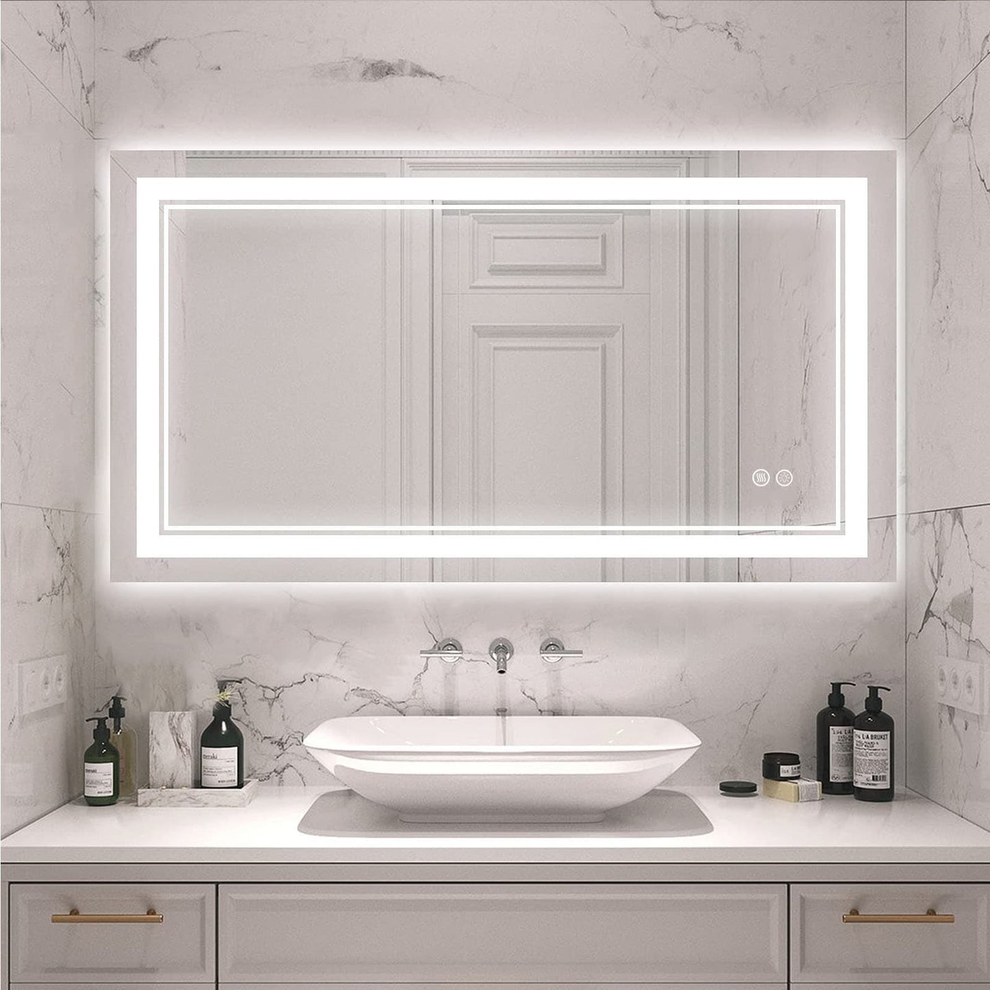 Miroir de salle de bain mural en verre trempé antibuée avec éclairage LED avant et arrière, pleine grandeur