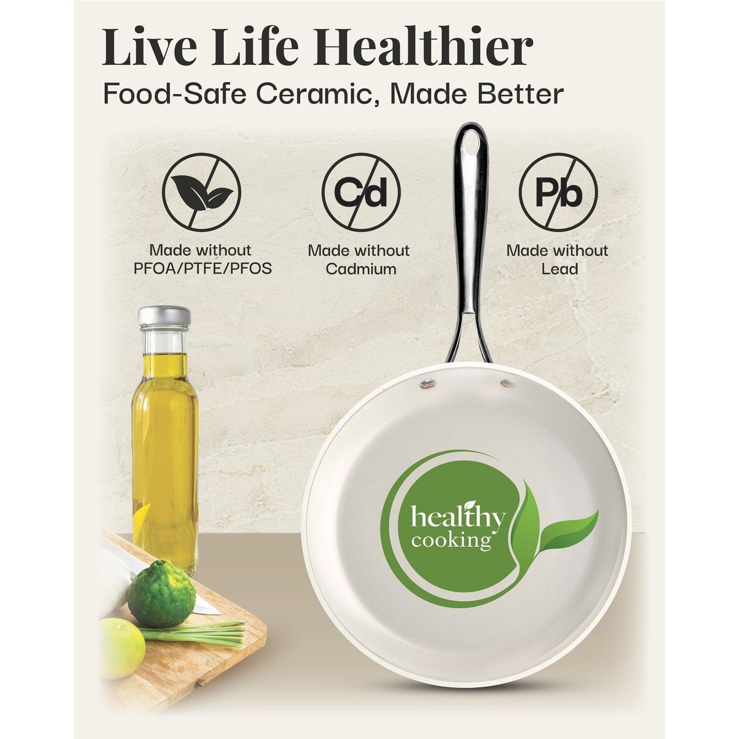 Batterie de cuisine Gotham Steel Cream 12 pièces, casseroles et poêles, en céramique ultra antiadhésive avec poignées isolantes