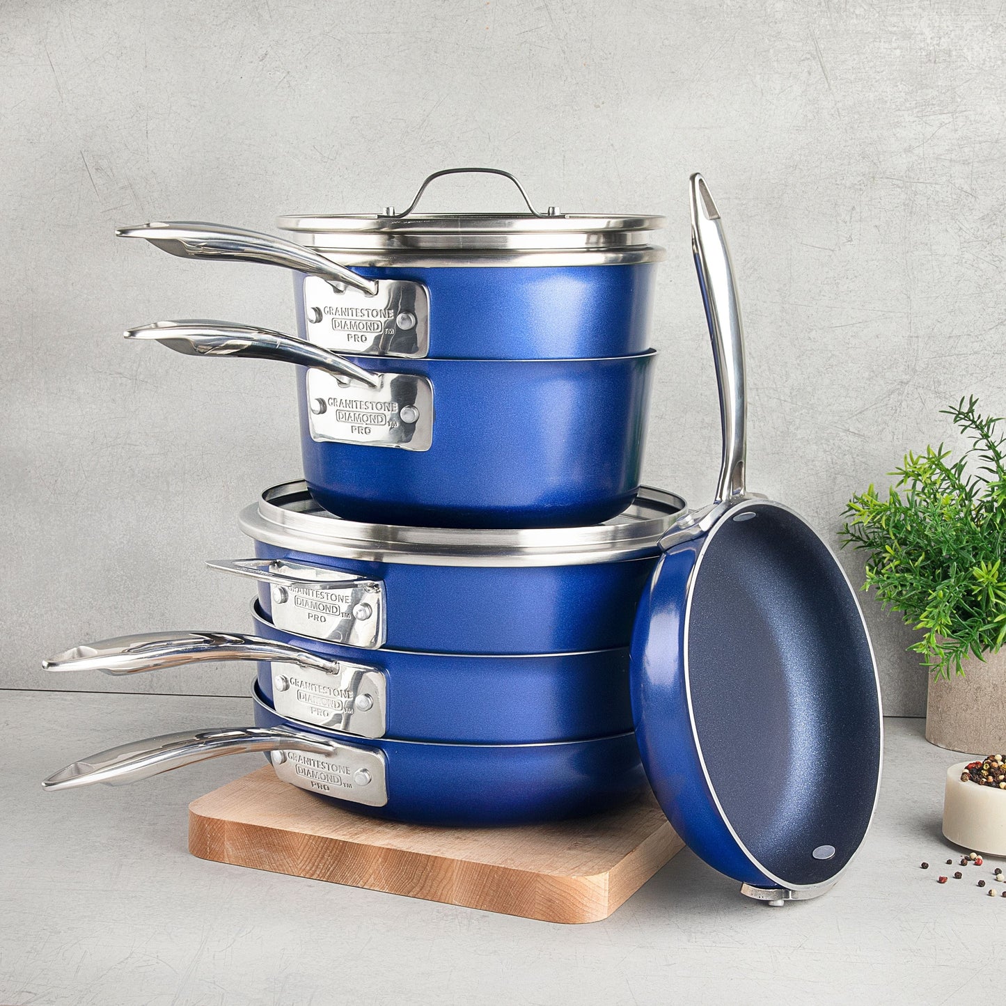 Batterie de cuisine antiadhésive Stackmaster Granitestone Blue 15 pièces avec couvercles en verre