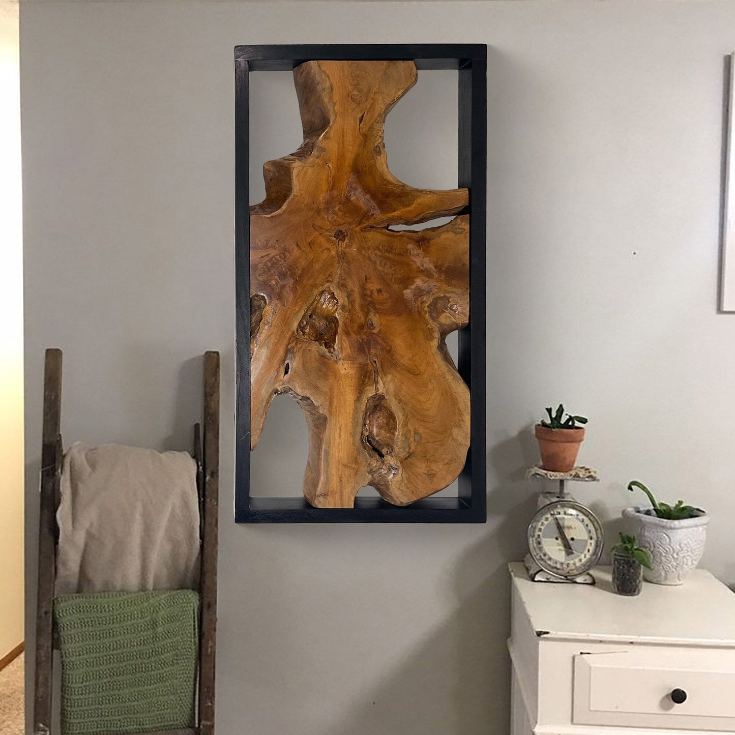 Décoration murale en teck Greenage, sculpture murale abstraite à bord naturel