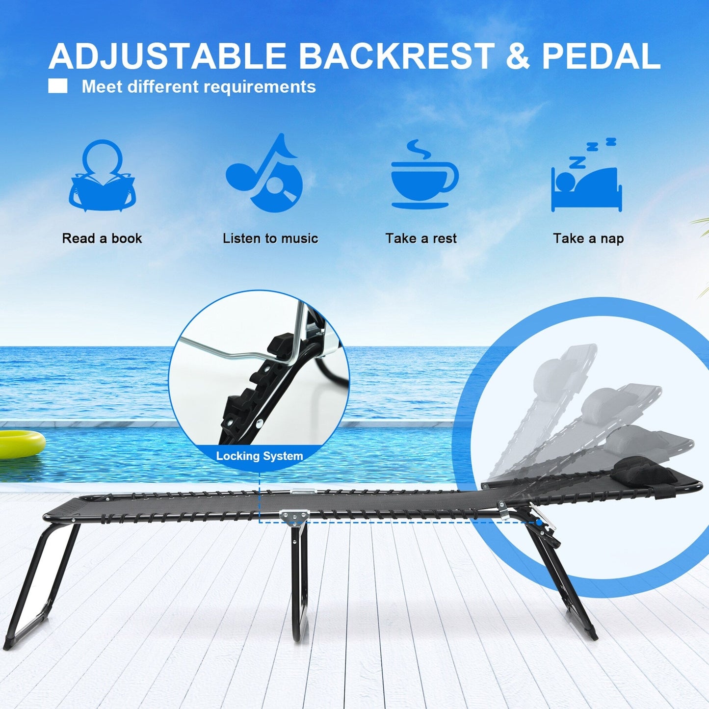 Chaise longue de plage pliante Gymax avec oreiller, 4 niveaux