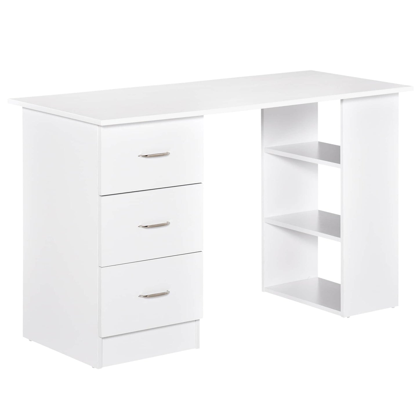 Bureau d'ordinateur HOMCOM 47 moderne pour la maison avec bibliothèque intégrée, table de travail, 3 tiroirs et étagère de rangement - Blanc