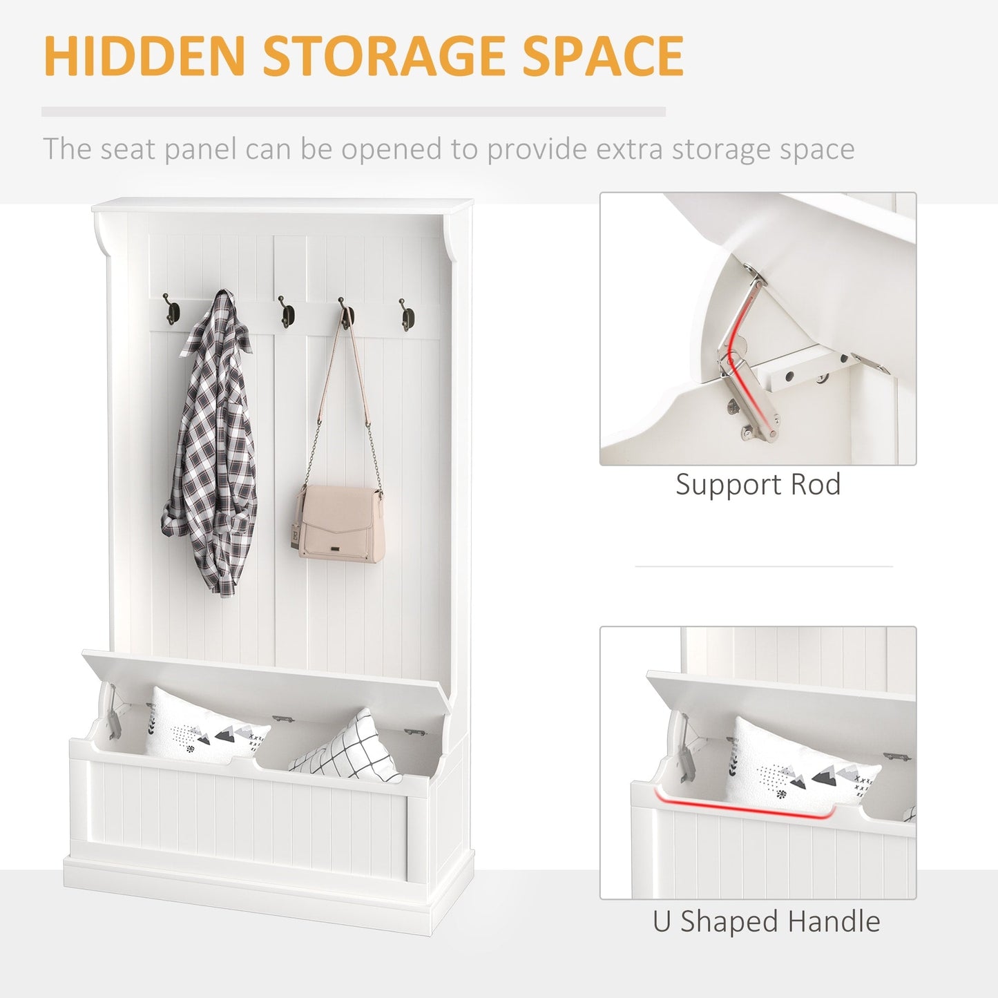 HOMCOM 71 Banc de rangement et porte-manteau 3 en 1 avec 5 crochets doubles en acier et ancrage anti-basculement pour entrée