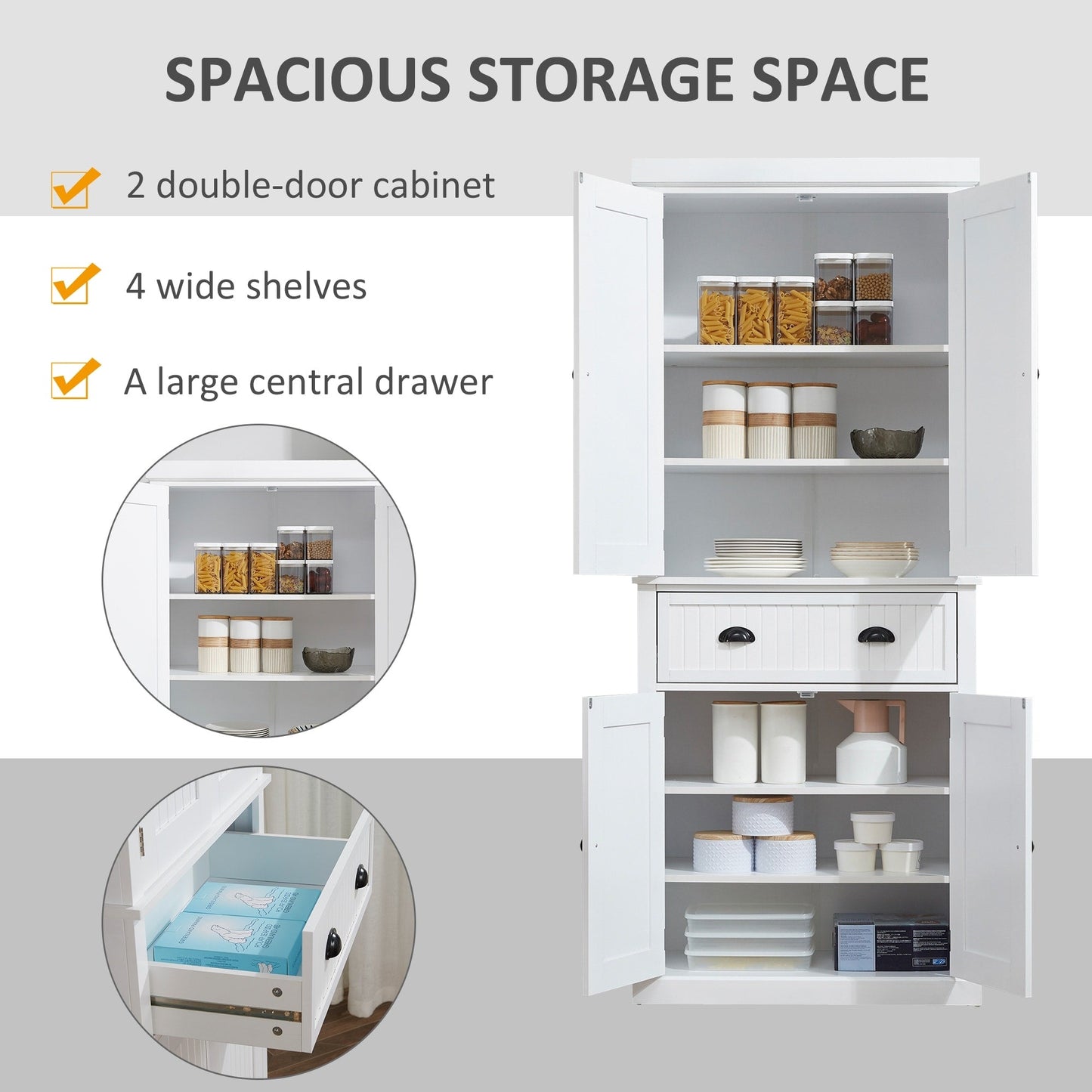 Armoire de cuisine HOMCOM 72 traditionnelle autoportante avec portes et 3 étagères réglables, blanche