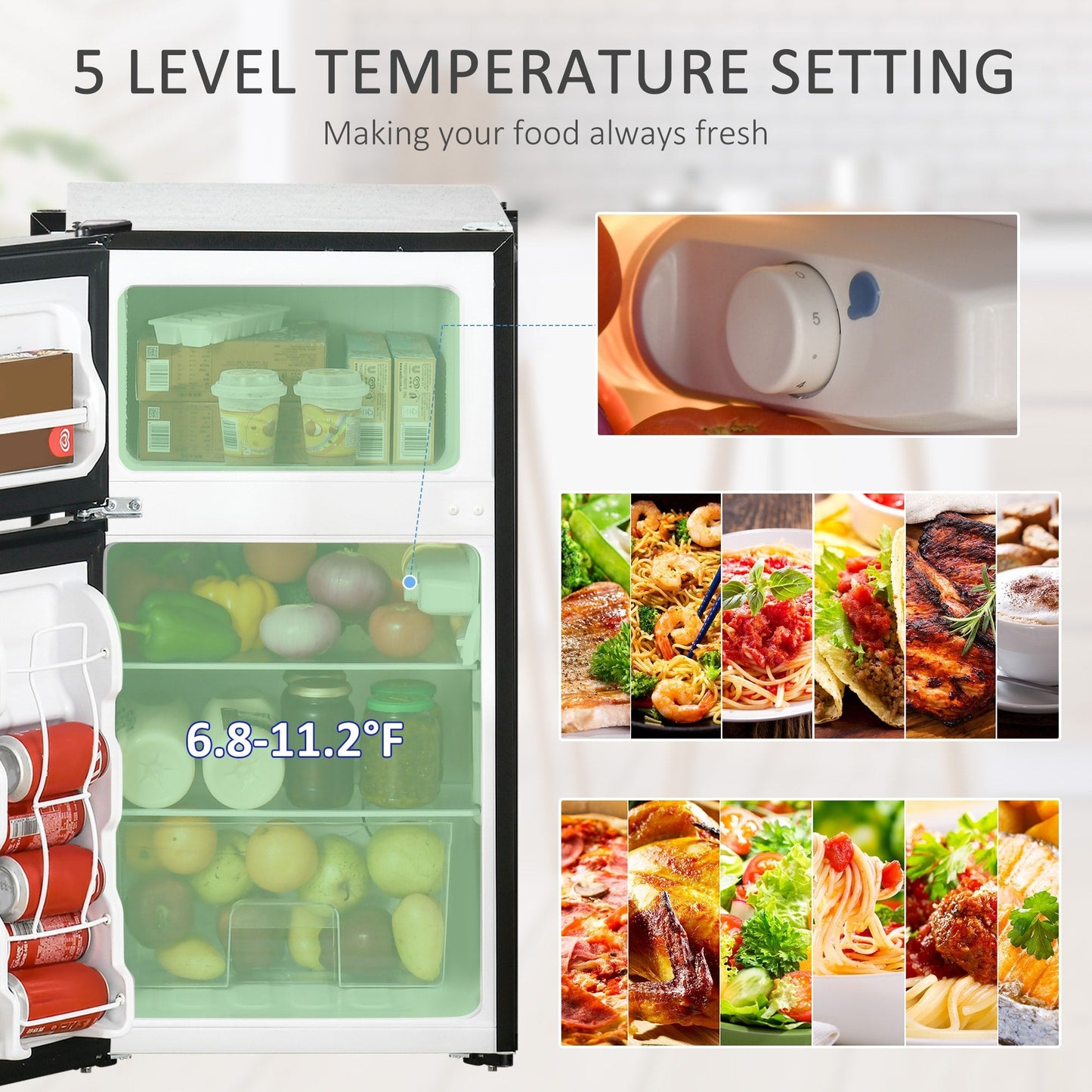 Mini-réfrigérateur HOMCOM à double porte avec congélateur, réfrigérateur compact de 3,2 pi³ avec étagère réglable et thermostat réglable