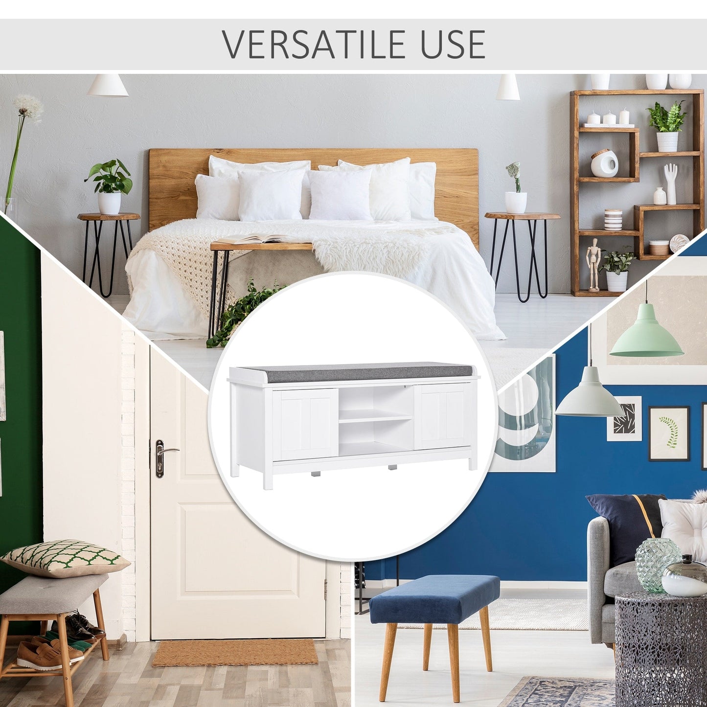 Pouf coffre à chaussures d'entrée HOMCOM avec étagères réglables, 6 compartiments et assise rembourrée, blanc/gris