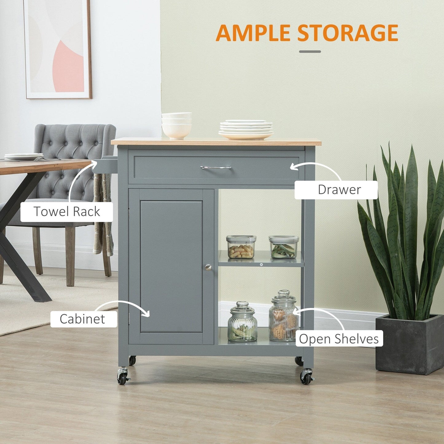 Chariot de cuisine HOMCOM, chariot utilitaire à roulettes avec plateau en bois, étagère ouverte et tiroir de rangement pour salle à manger et cuisine.