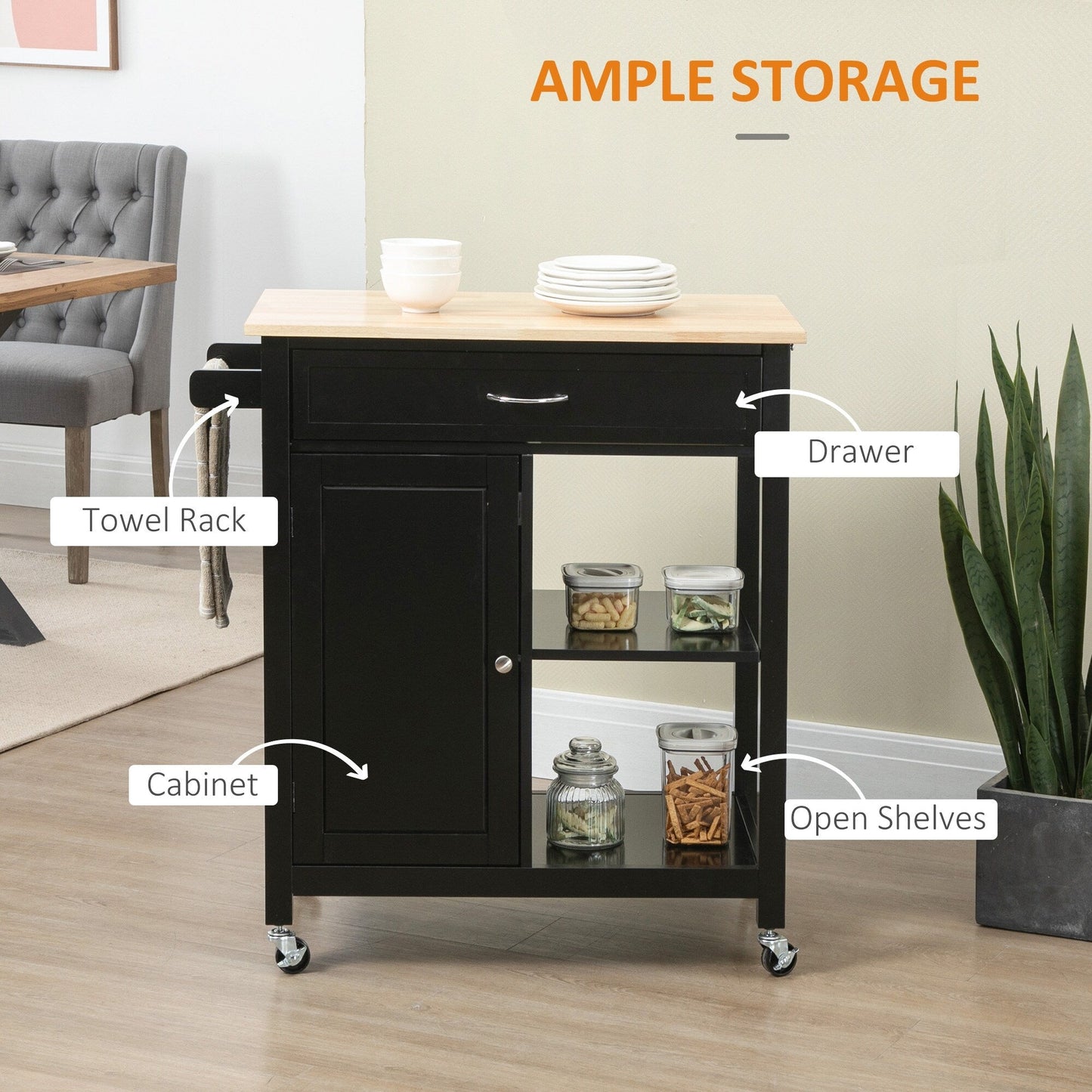 Chariot de cuisine HOMCOM, chariot utilitaire à roulettes avec plateau en bois, étagère ouverte et tiroir de rangement pour salle à manger et cuisine.