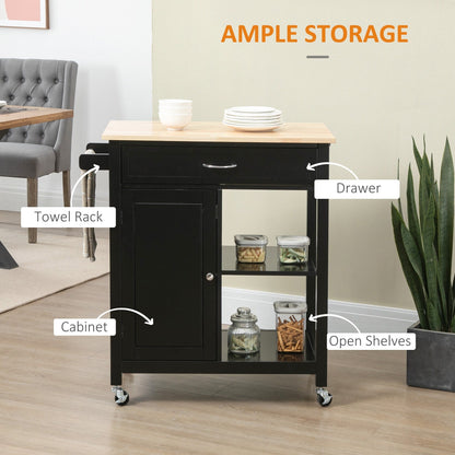 Chariot de cuisine HOMCOM, chariot utilitaire à roulettes avec plateau en bois, étagère ouverte et tiroir de rangement pour salle à manger et cuisine.