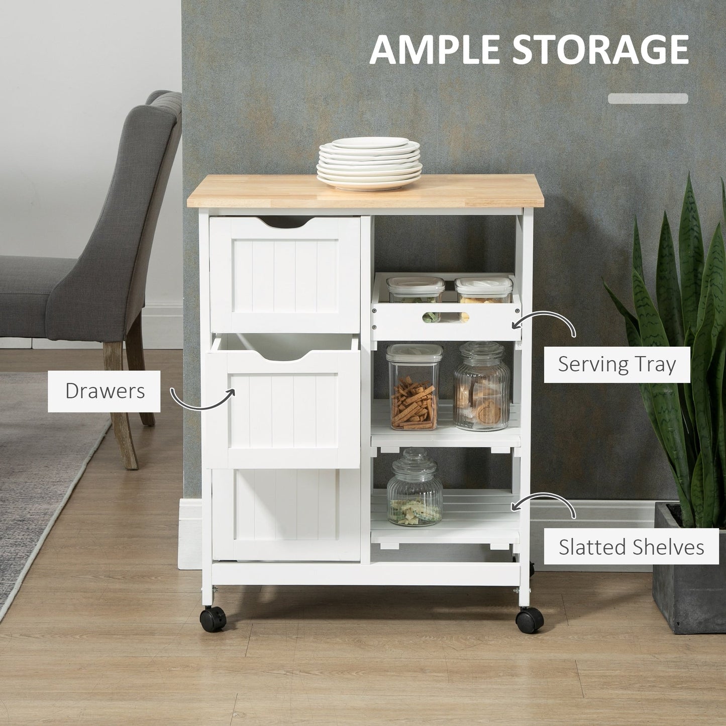 Chariot de cuisine roulant HOMCOM, chariot de service de bar, chariot compact sur roulettes avec plateau en bois, étagères et tiroirs pour la salle à manger à domicile