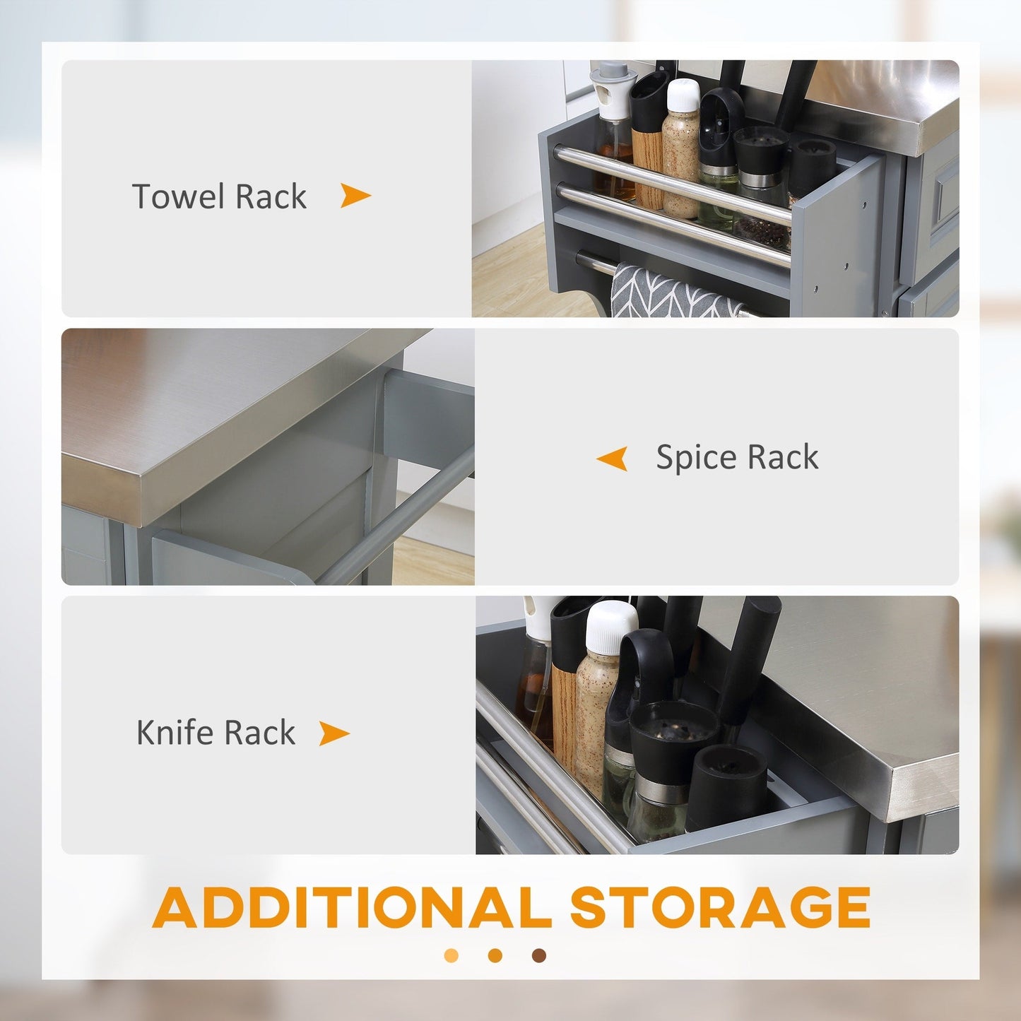 Îlot de cuisine roulant HOMCOM avec rangement, chariot de cuisine portable avec plateau en acier inoxydable, gris - Non disponible