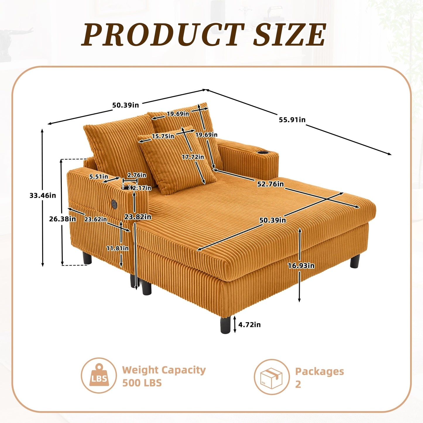 Canapé-lit inclinable surdimensionné HOMEFUN en velours côtelé avec éclairage LED RVB, porte-gobelet, port USB et 3 oreillers