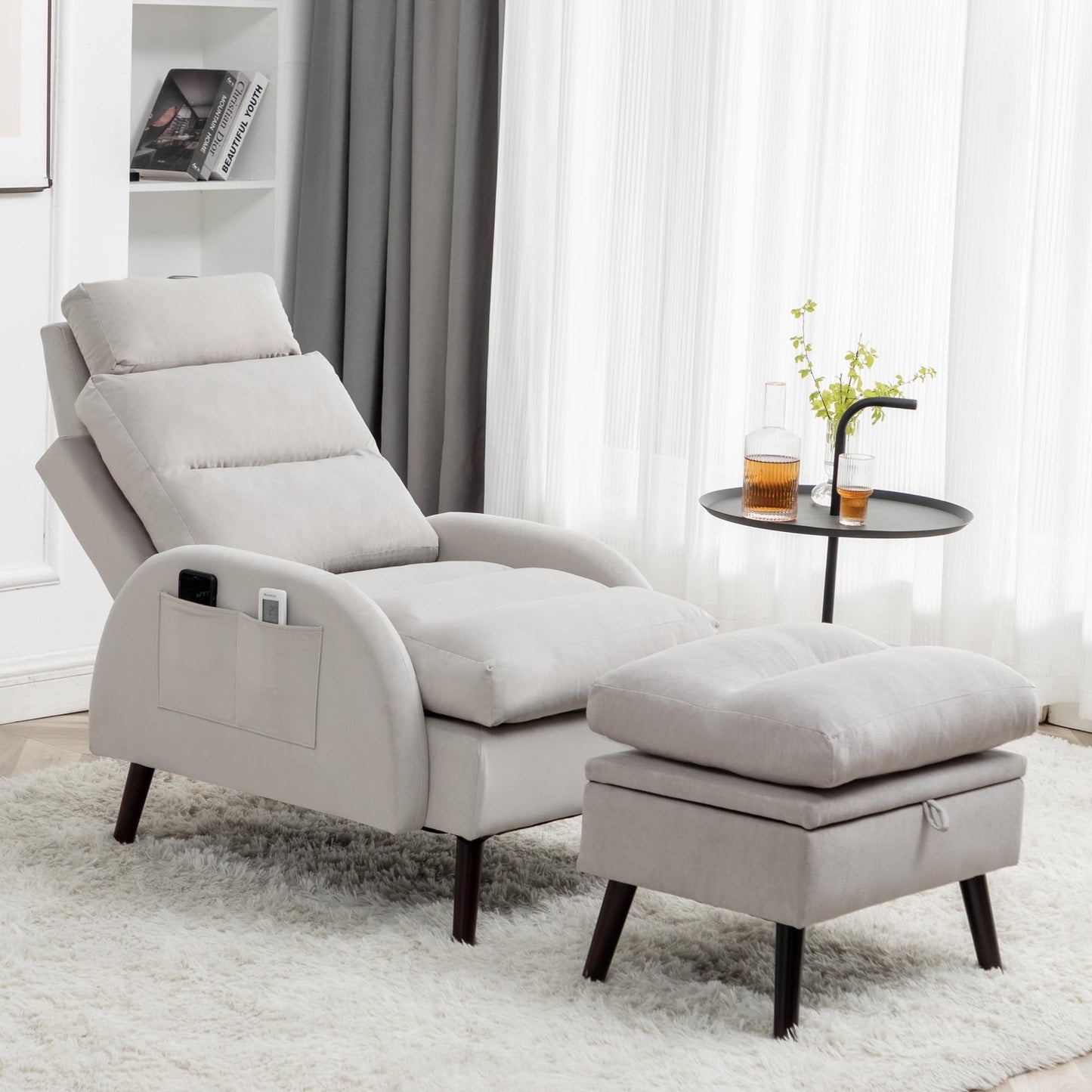 Fauteuil lounge HOMYKA avec dossier réglable et pouf de rangement