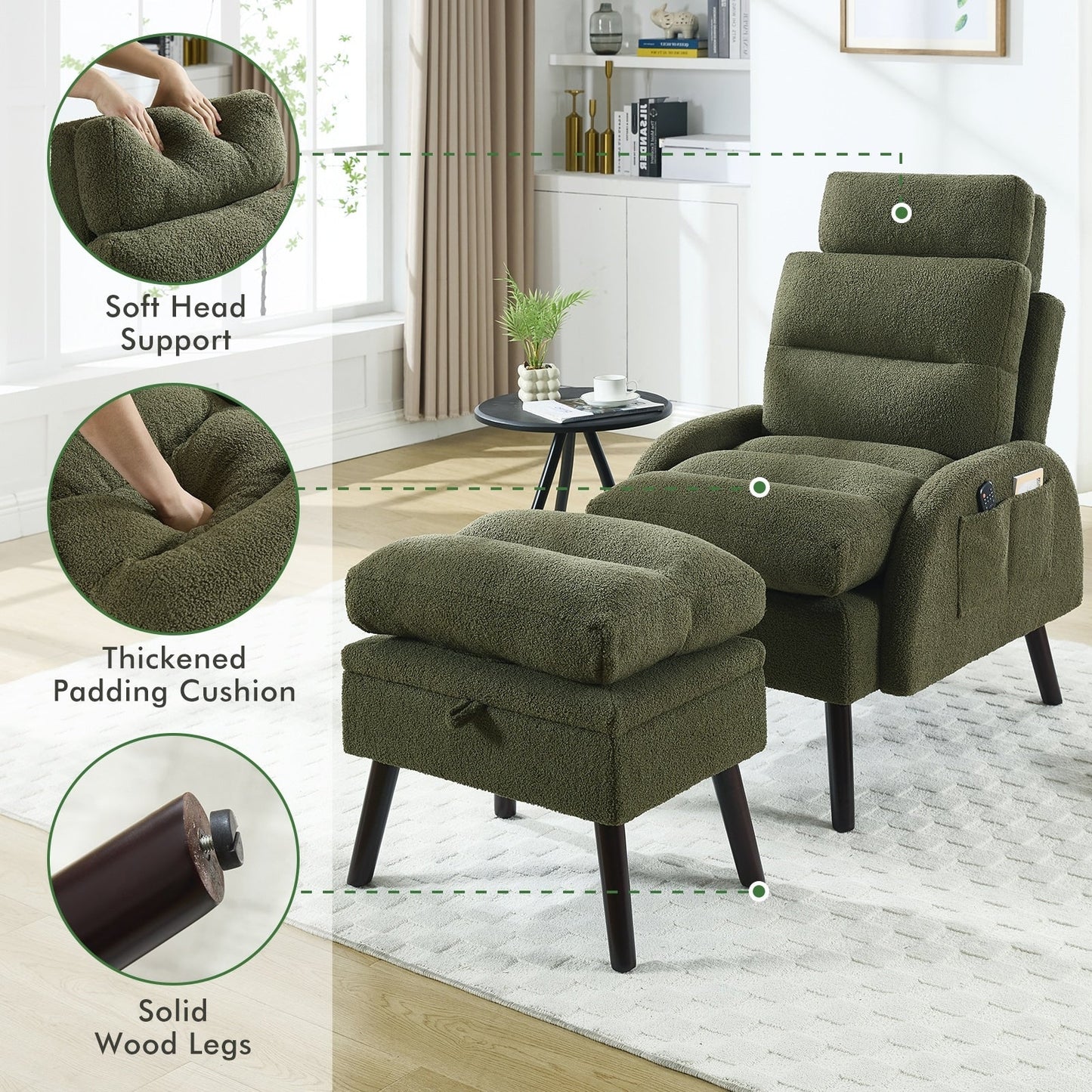 Fauteuil lounge HOMYKA avec dossier réglable et pouf de rangement