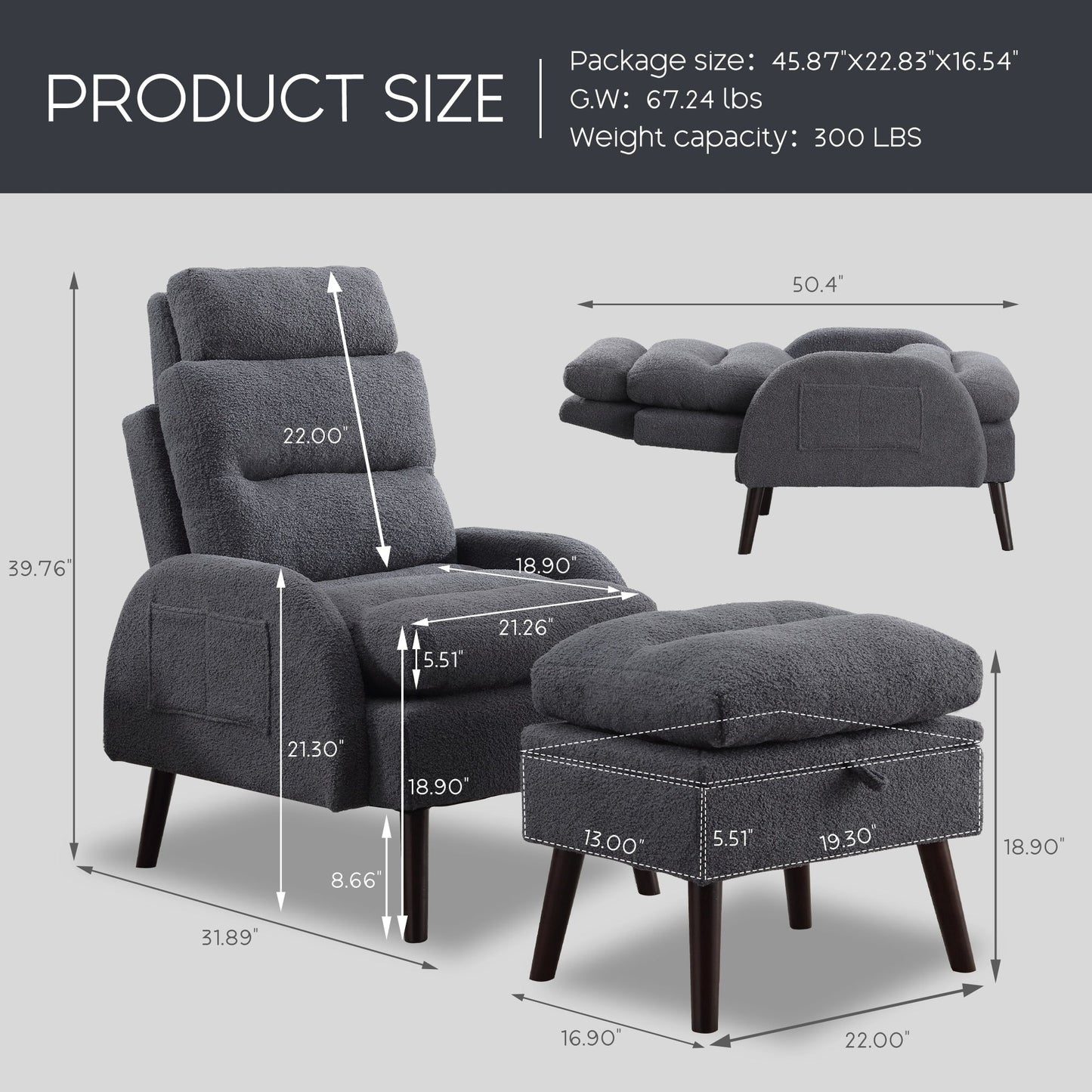 Fauteuil lounge HOMYKA avec dossier réglable et pouf de rangement