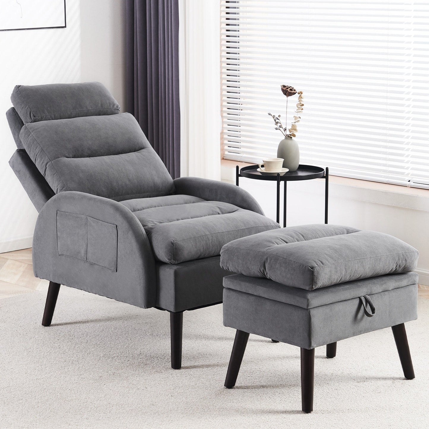Fauteuil lounge HOMYKA avec dossier réglable et pouf de rangement