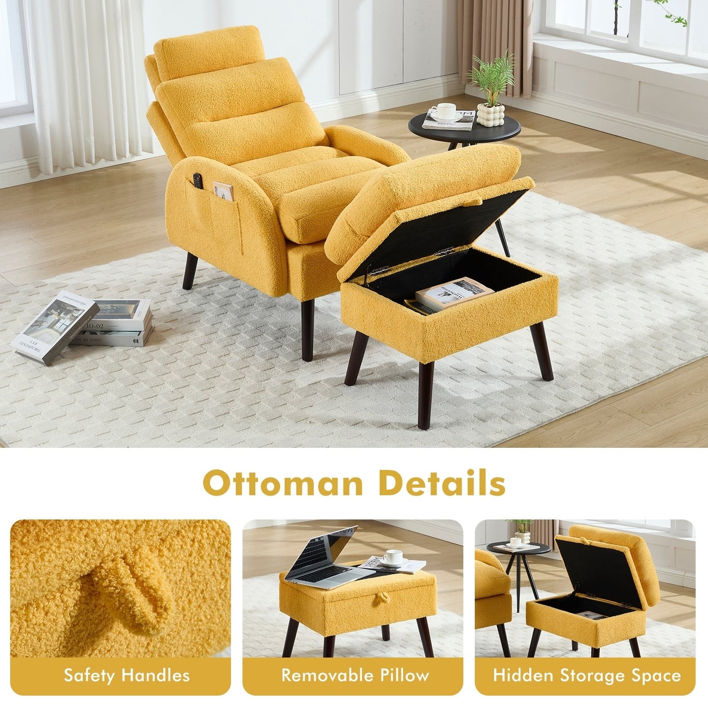 Fauteuil lounge HOMYKA avec dossier réglable et pouf de rangement