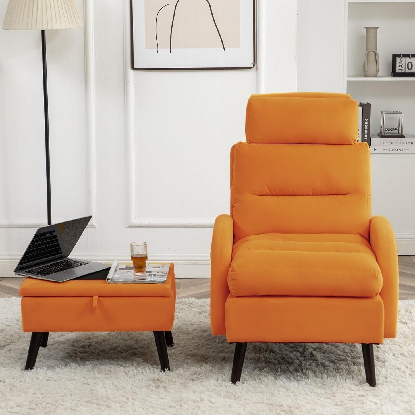 Fauteuil lounge HOMYKA avec dossier réglable et pouf de rangement