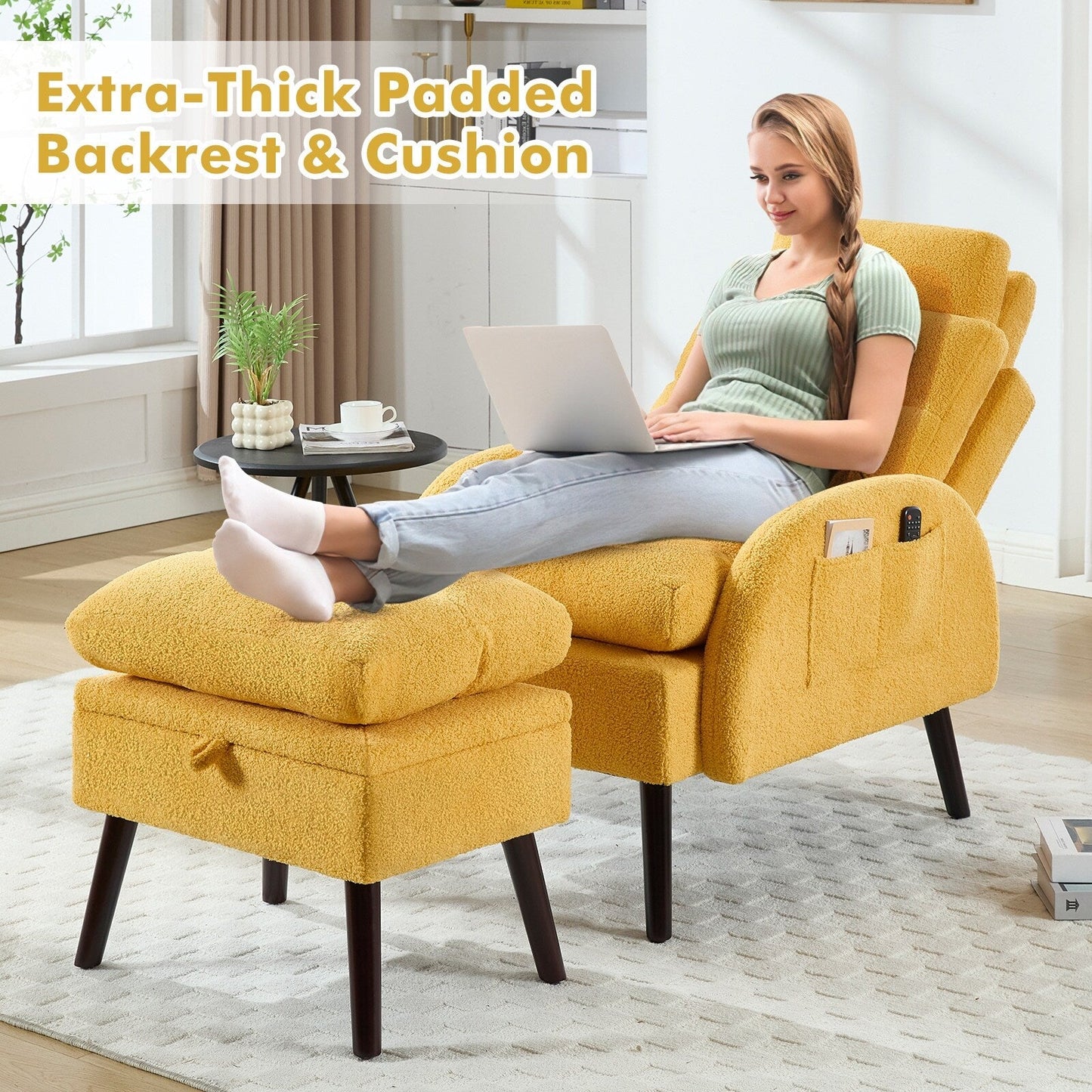 Fauteuil lounge HOMYKA avec dossier réglable et pouf de rangement