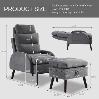 Fauteuil lounge HOMYKA avec dossier réglable et pouf de rangement