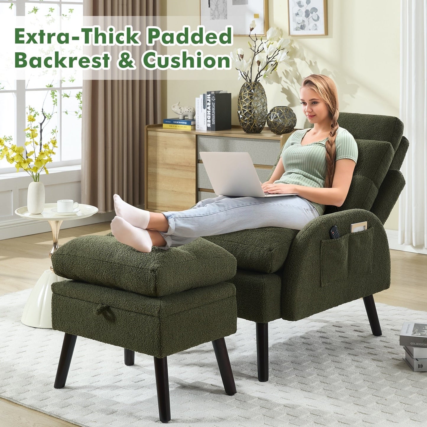 Fauteuil lounge HOMYKA avec dossier réglable et pouf de rangement