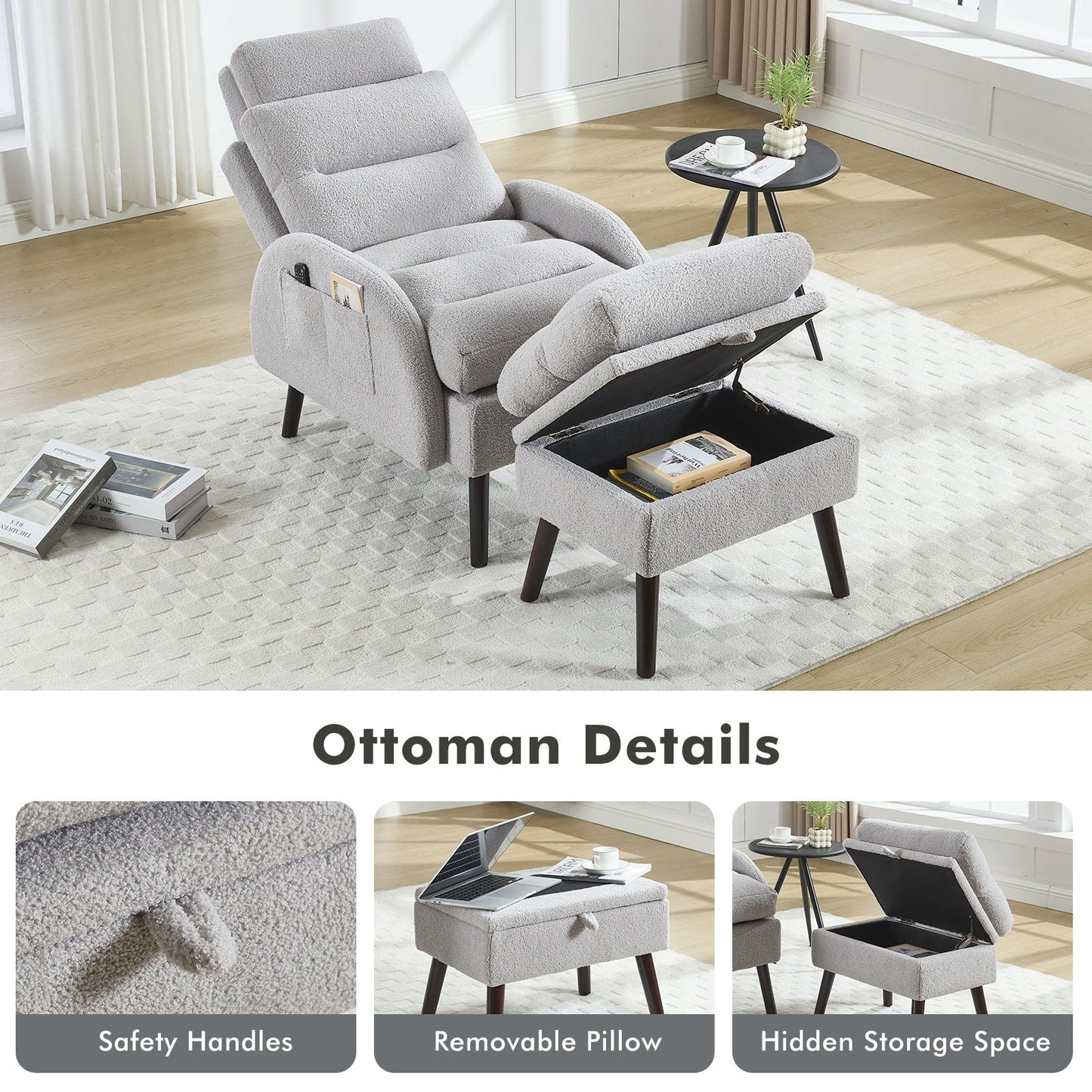 Fauteuil lounge HOMYKA avec dossier réglable et pouf de rangement