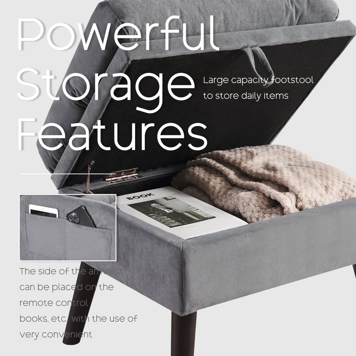 Fauteuil lounge HOMYKA avec dossier réglable et pouf de rangement