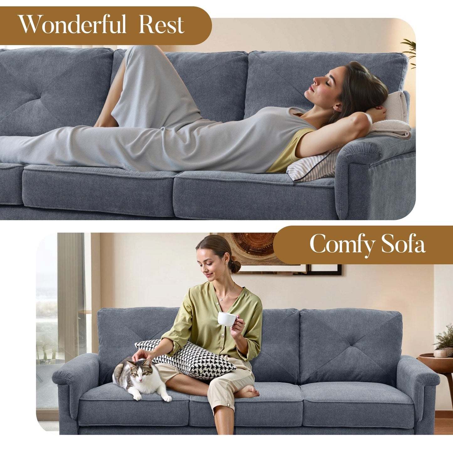 Canapé 3 places rembourré style Mid-Century avec pieds en bois pour salon